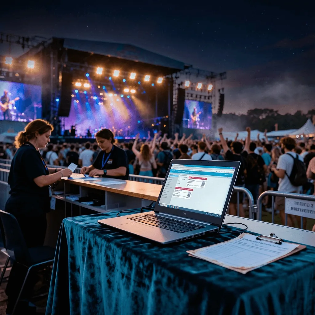 Festival entrance staff using a ticketing system