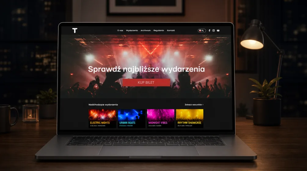 Przykładowa strona sprzedaży biletów na laptopie